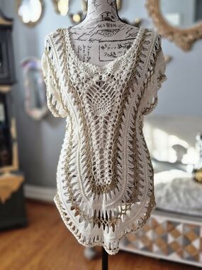 Boho 70s Vibe Crochet Openwork Tunic Top in Cream with Gold Accents Medium